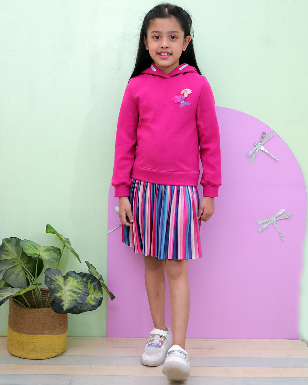 Hoodie Dress With Pleated Skirt  And Butterfly At Chest
