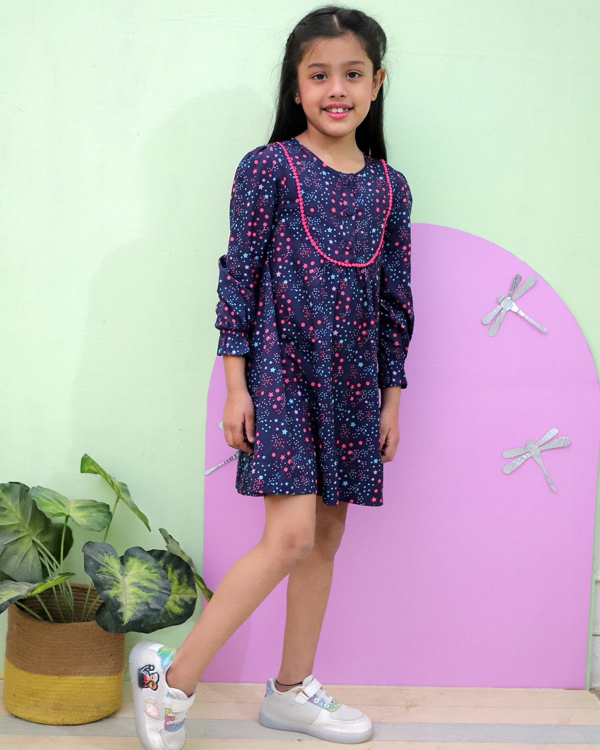 Printed Dress With Lace At Yoke