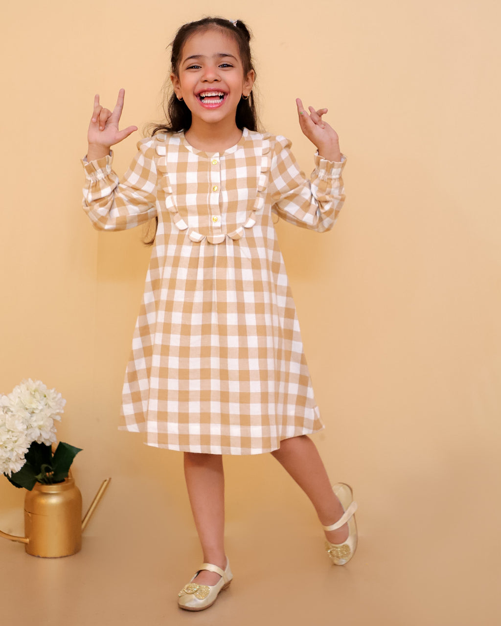 Check Brushed Yoke Dress With Gold Buttons