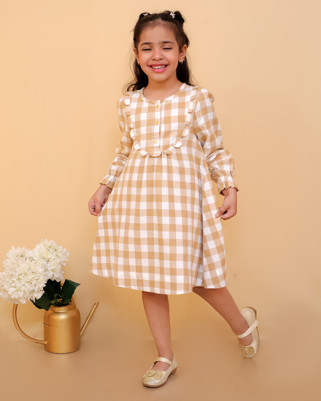 Check Brushed Yoke Dress With Gold Buttons