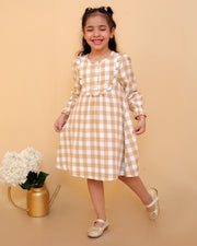 Check Brushed Yoke Dress With Gold Buttons