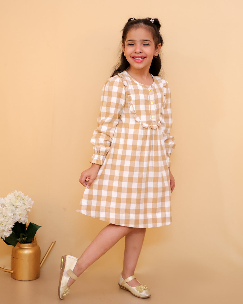 Check Brushed Yoke Dress With Gold Buttons