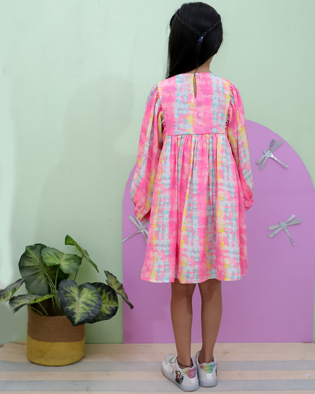 Printed Dress With Pom Pom String At Waist