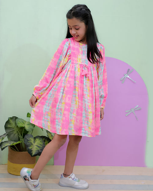 Printed Dress With Pom Pom String At Waist